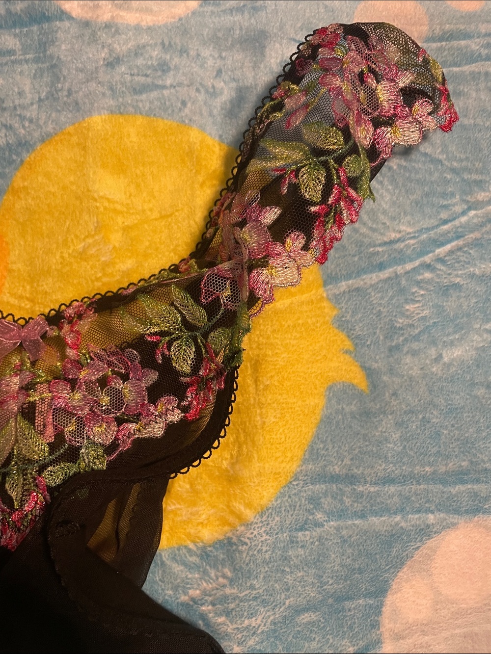 Victoria's Secret Black Sheer Thong with Pink & Green Floral Embroidery - Picture 5 of 5